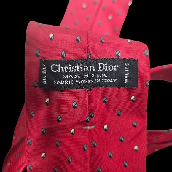 60s Christian Dior Red Silk Necktie Small Gray Pattern 3.25 " Wide Mens Tie - Picture 4 of 6